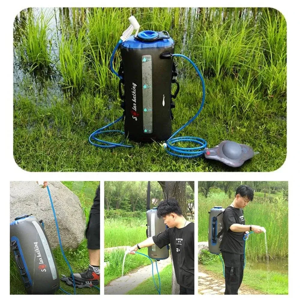 12/20L Outdoor Camping Tourism Shower Bag Folding Water Bag Container Sack with Air Pump 1.9m Hose Shower Head for Hiking Picnic