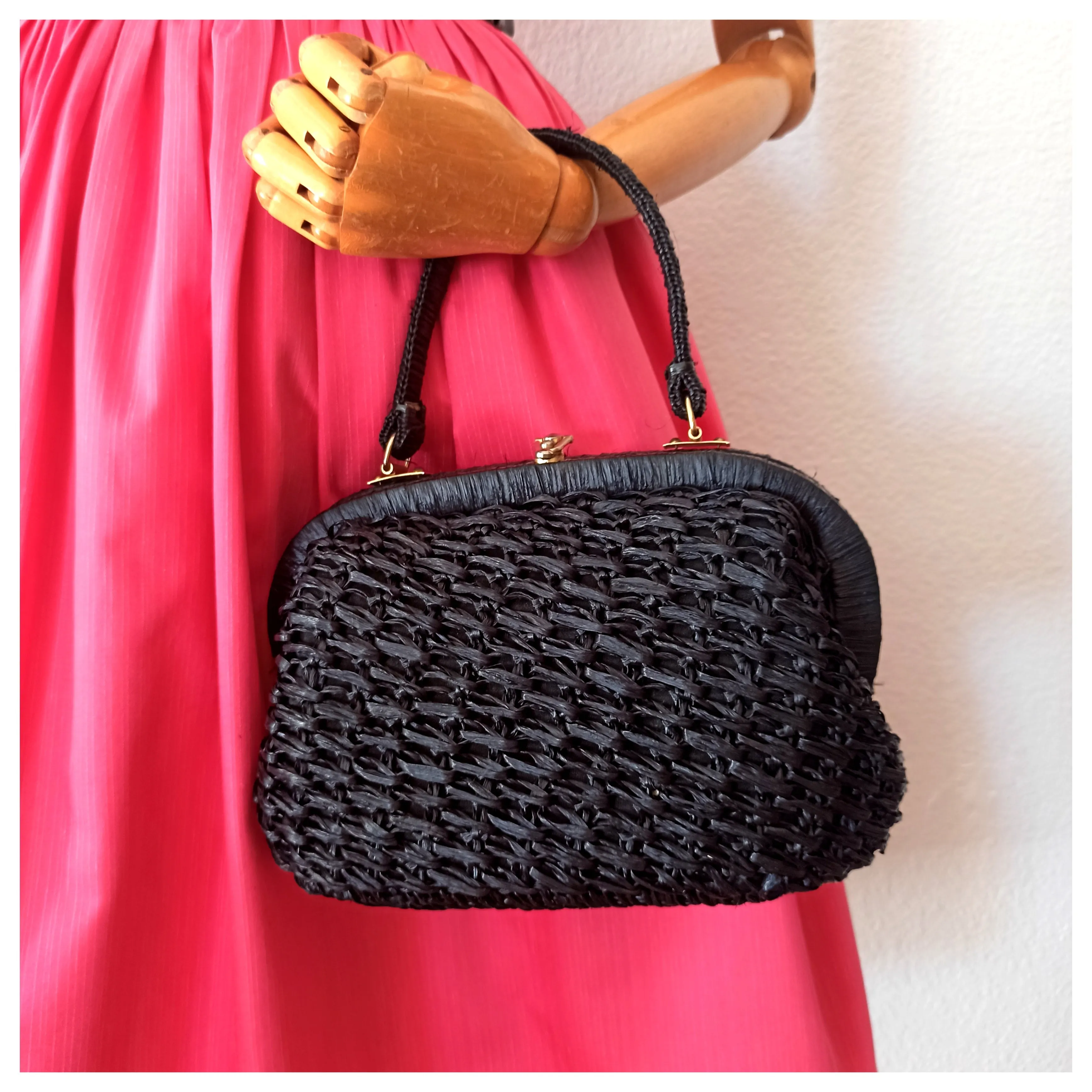 1950s - Cute Black Raffia Handbag