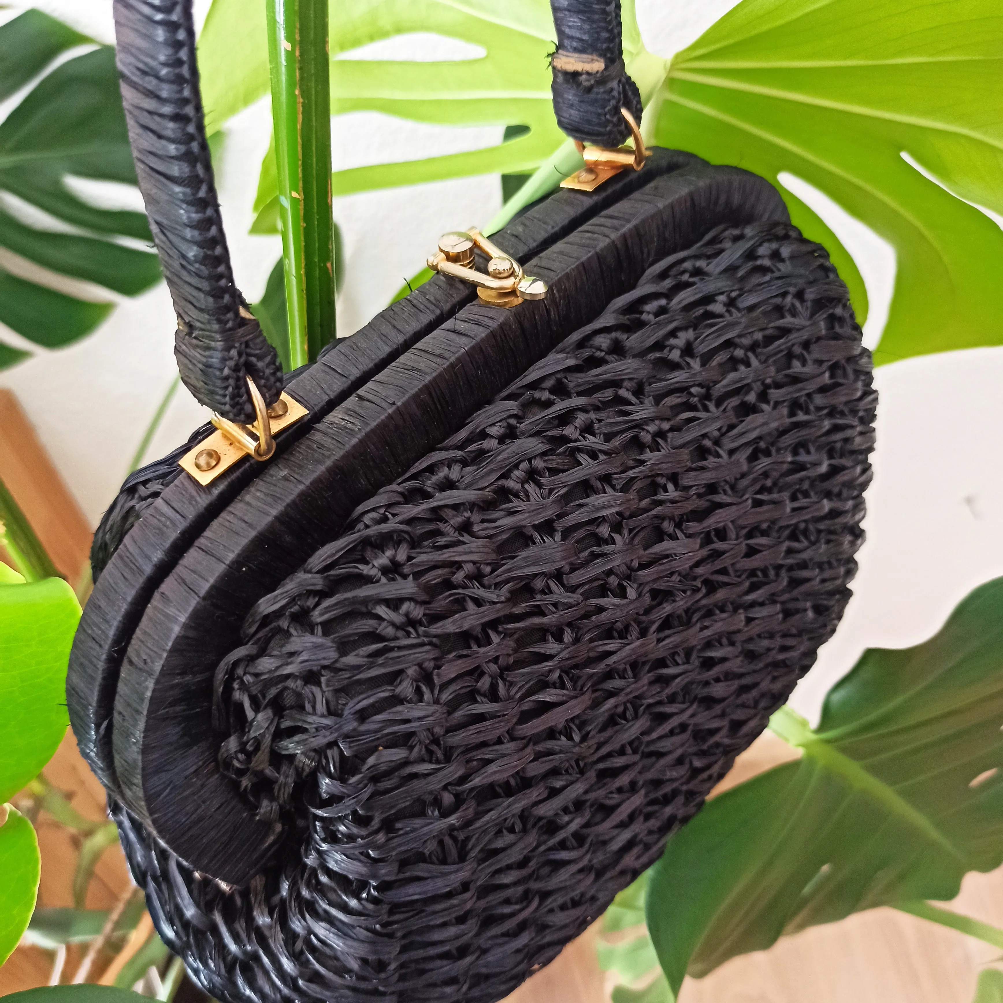 1950s - Cute Black Raffia Handbag