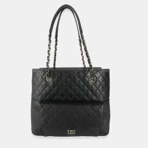 19C Black Quilted Caviar Front Pocket Large Shopping Bag