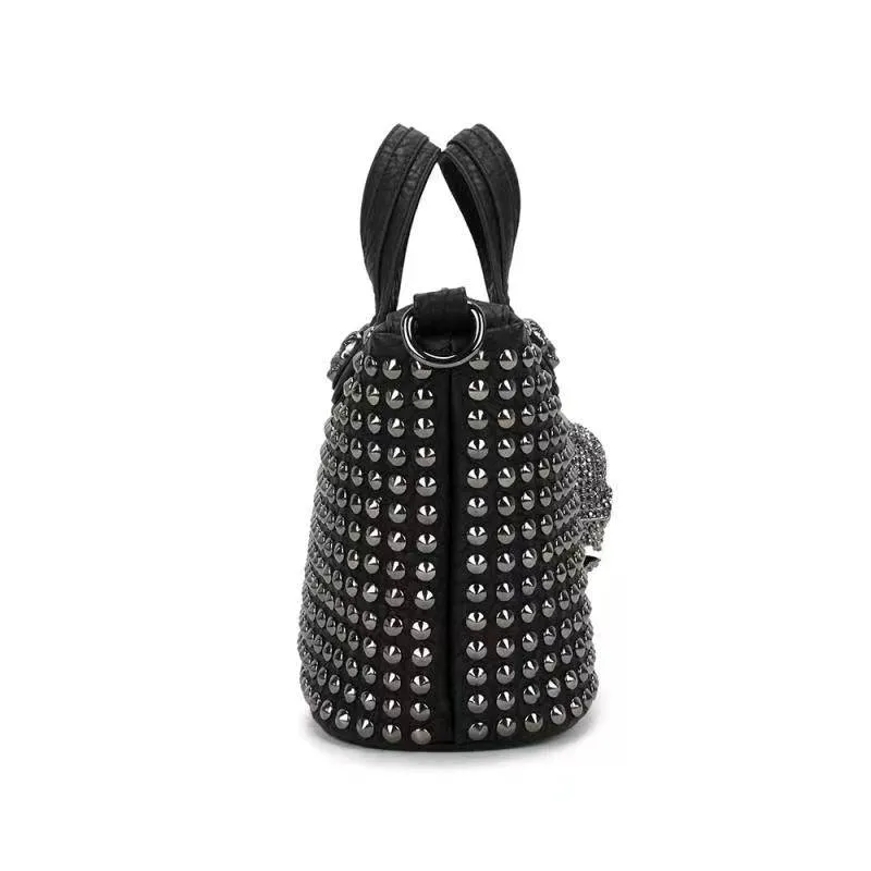 3D Crystal Skull Bag With Studded Tote Satchel Bag