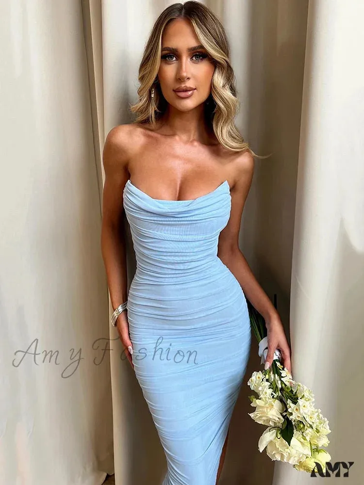 Amy Fashion - Mesh Robe Strapless Backless Sleeveless Split Dress