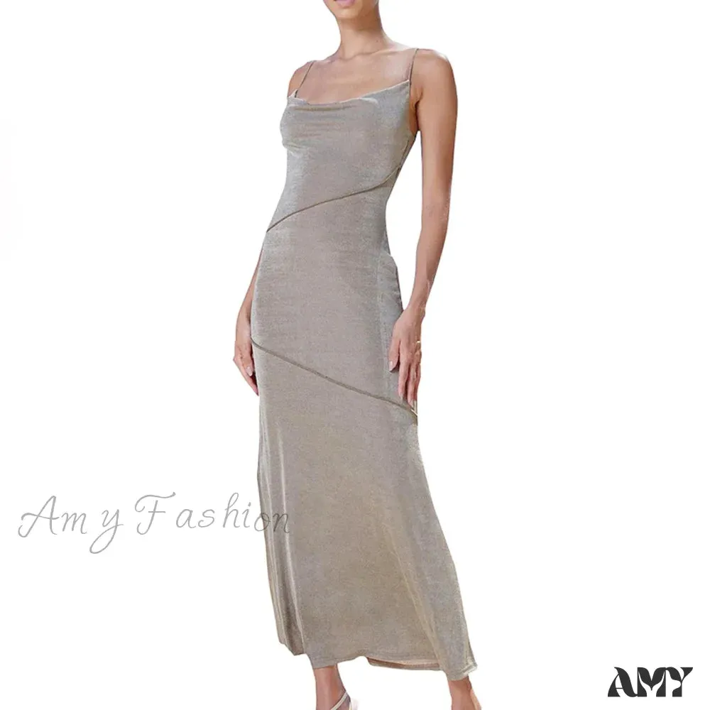 Amy Fashion - Satin Silky Spaghetti Strap Split Long Dress