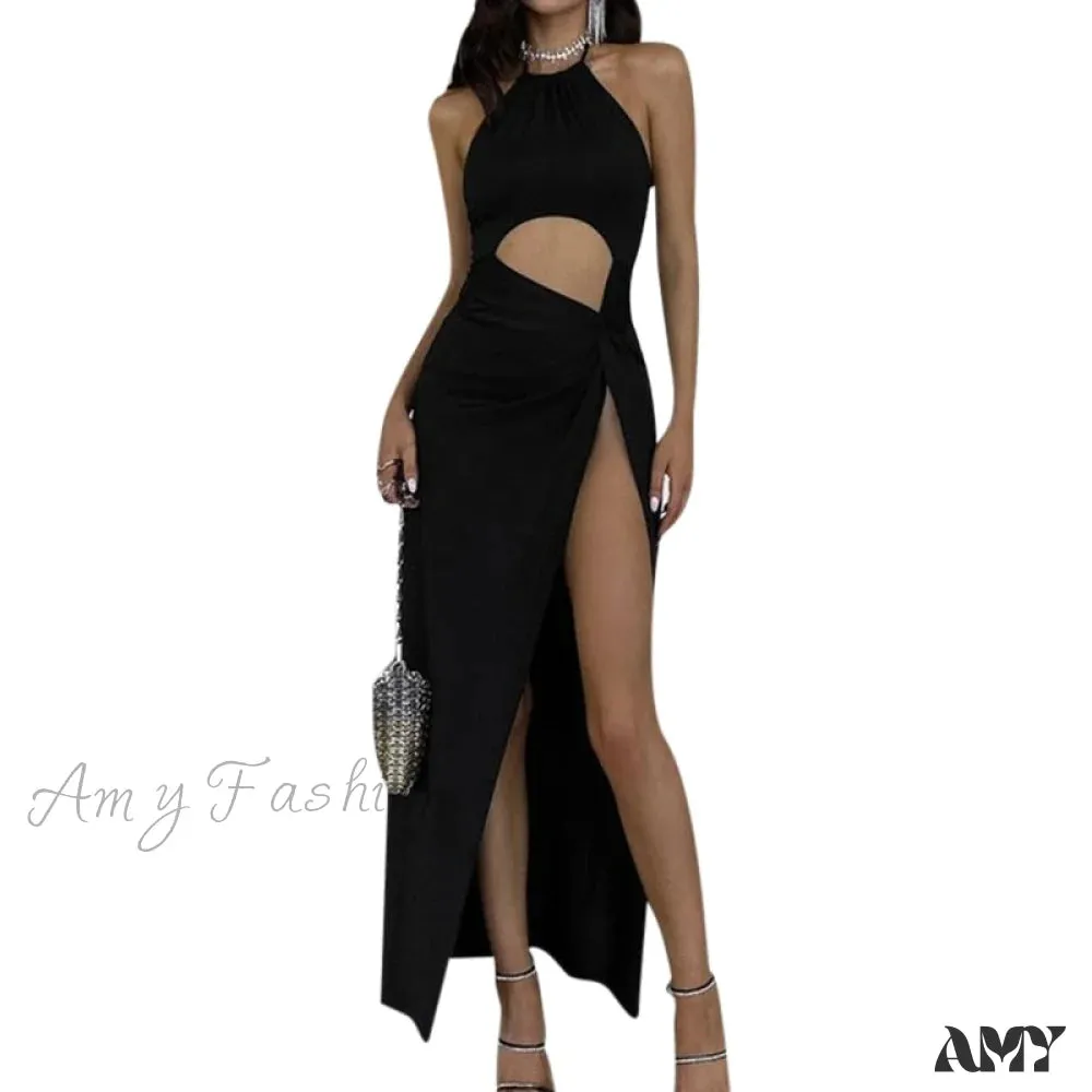 Amy Fashion - Satin Silky Spaghetti Strap Split Long Dress