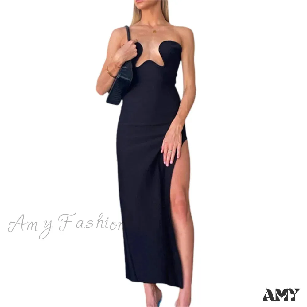 Amy Fashion - Satin Silky Spaghetti Strap Split Long Dress