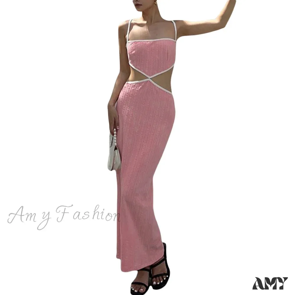 Amy Fashion - Satin Silky Spaghetti Strap Split Long Dress