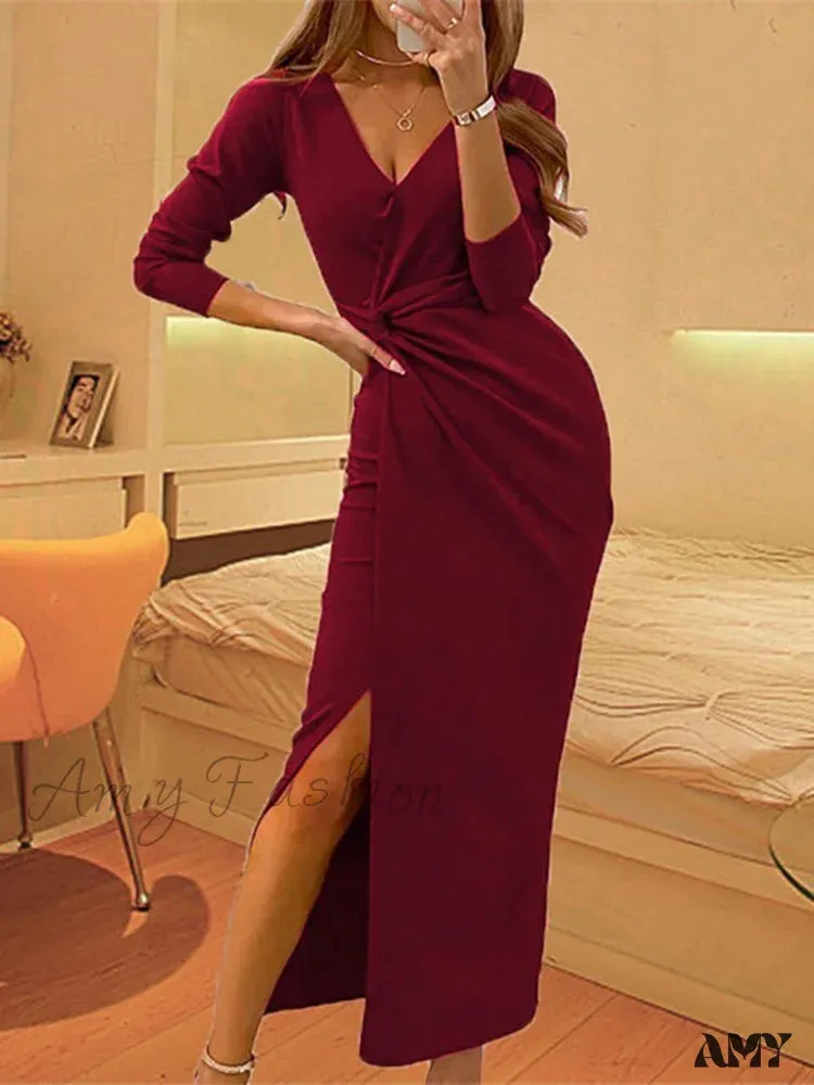 Amy Fashion - V Neck Evening Dresses Long Sleeve Split Maxi Dress