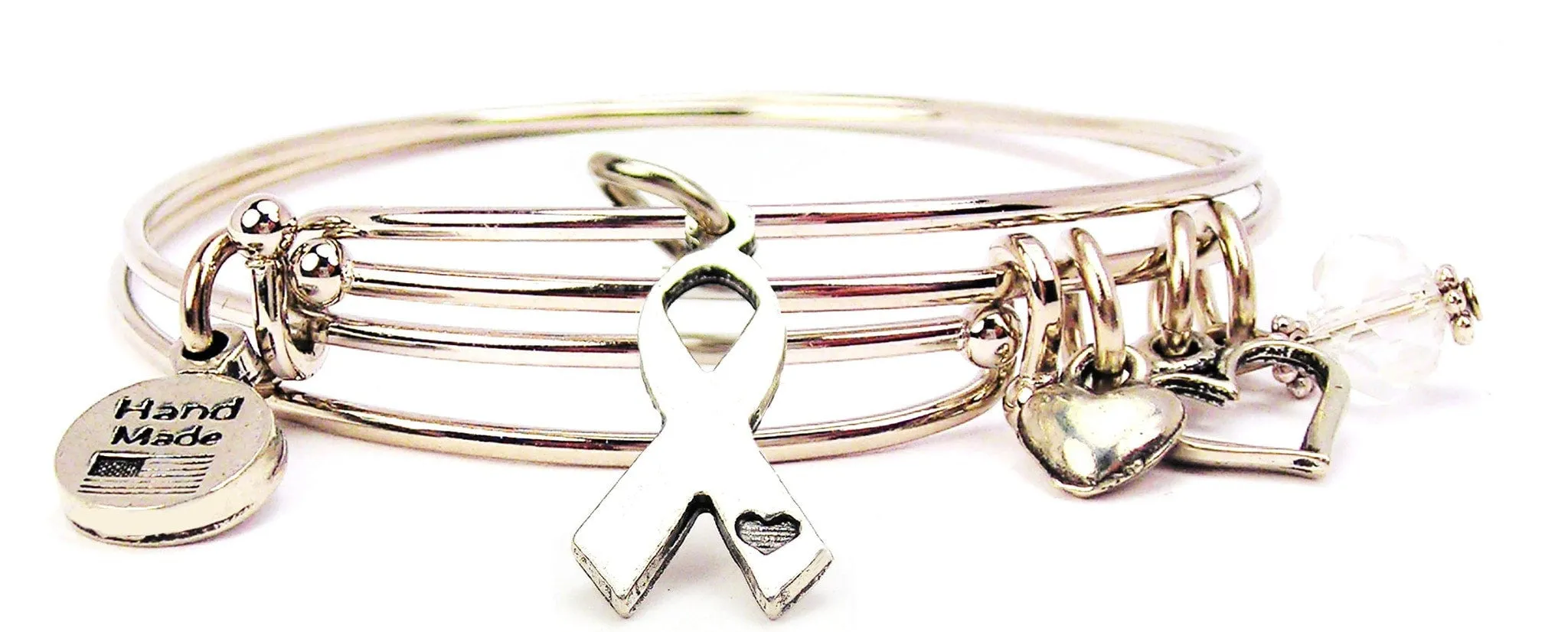 Awareness Ribbon With Engraved Little Heart Expandable Bangle Bracelet Set