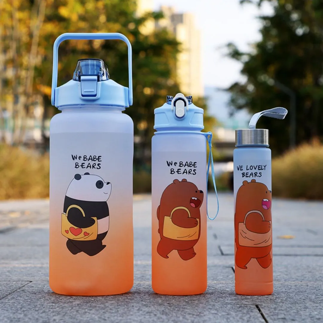 Bare Bear Water Bottle Set | Water Bottles with Straw 3 Pcs, 2000ml 900ml 300ml