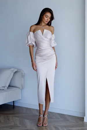 Beige Satin Puff-Sleeve Midi Dress