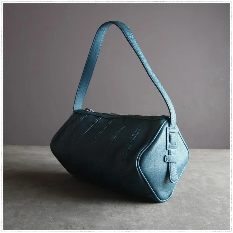 Blue Womens Leather Barrel Shoulder Handbag Womens Fashion Barrel Blue Handbag Purse Blue Handbag Shoulder Purse for Ladies