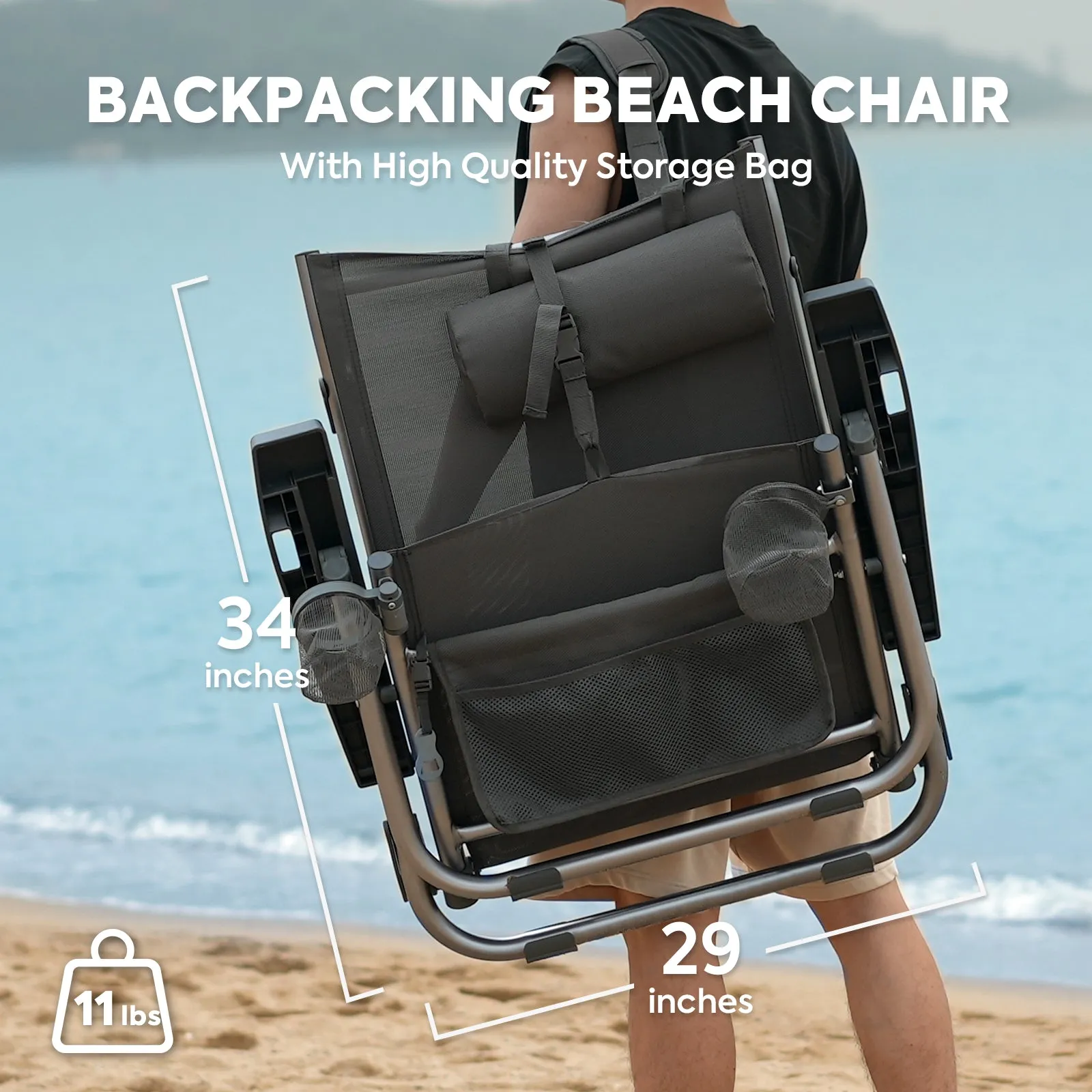 Bora 5-Position Reclining Folding Beach Chair with Headrest for Adults | ICECO