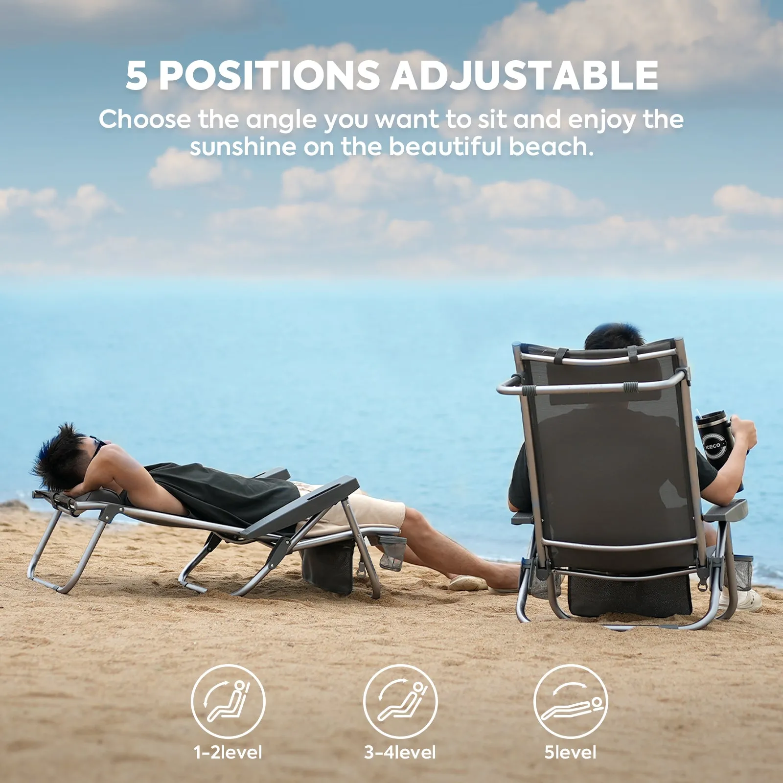 Bora 5-Position Reclining Folding Beach Chair with Headrest for Adults | ICECO