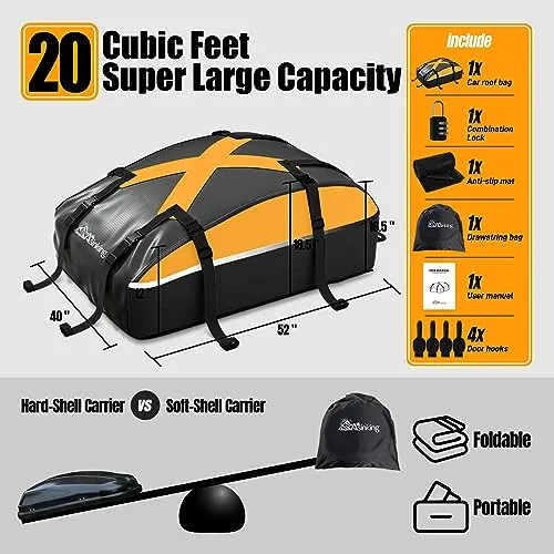 Car Rooftop Cargo Carrier Bag 20 Cubic Feet, 100% Waterproof Roof Bag Top Luggage Carrier for Any Vehicles with/Without Rack Cross Bar, Includes Anti-Slip Mat  4 Door Hooks  Storage Bag  Lock