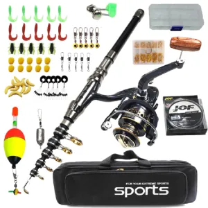 carbon telescopic spinning fishing rod reel full kit BLXCK NORWAY™