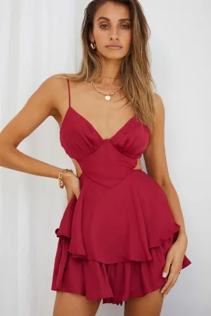 City Lights Cut-Out Waist Strappy Back Romper Wine