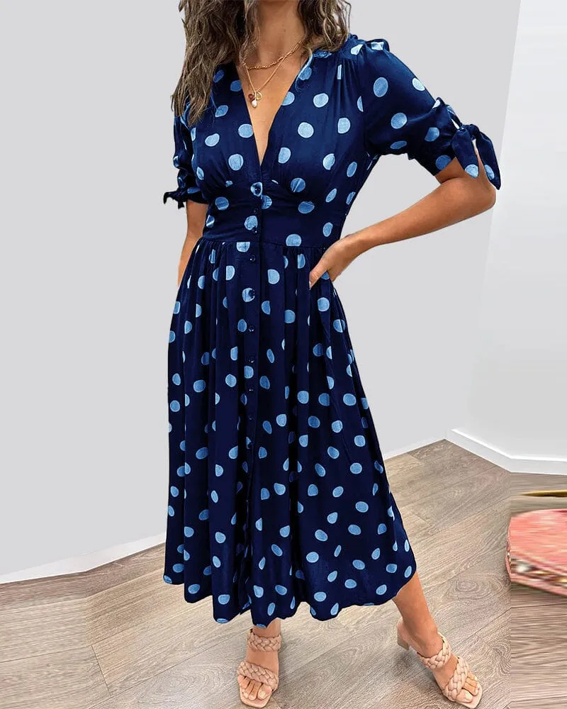 Deep V-neck polka-dot dress