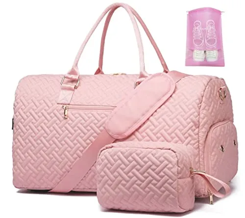 Duffle Bag for Travel, Weekender Bag with Shoe Compartment, Carry On Overnight Bag for Women with Toiletry Bag, Gym Bag with Wet Pocket, Hospital Bags for Labor and Delivery Pink