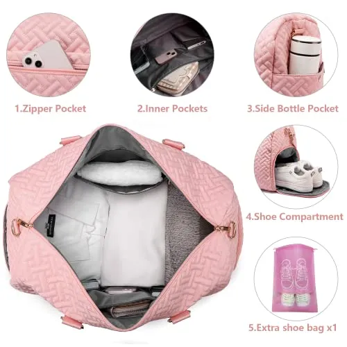 Duffle Bag for Travel, Weekender Bag with Shoe Compartment, Carry On Overnight Bag for Women with Toiletry Bag, Gym Bag with Wet Pocket, Hospital Bags for Labor and Delivery Pink