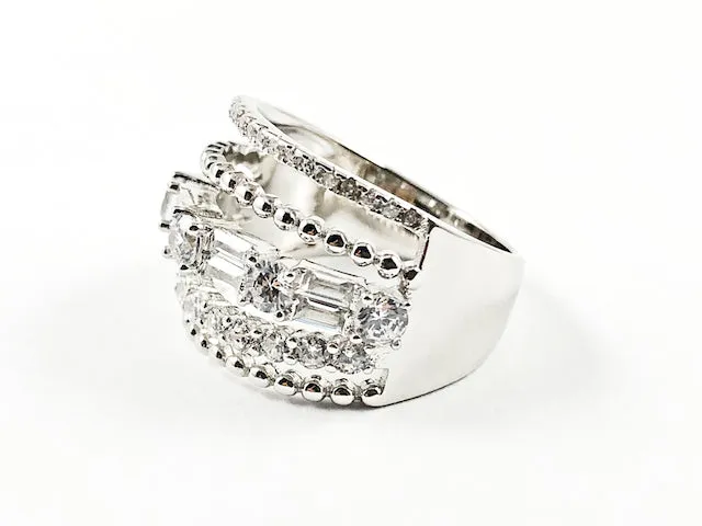 Elegant Fine Multi Row Unique Pattern Band CZ Silver Ring