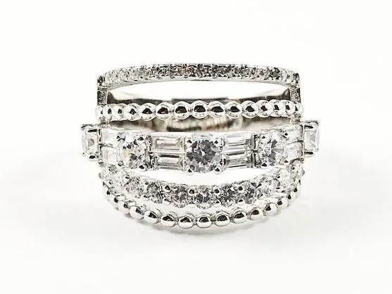 Elegant Fine Multi Row Unique Pattern Band CZ Silver Ring