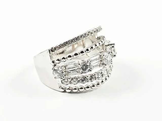 Elegant Fine Multi Row Unique Pattern Band CZ Silver Ring