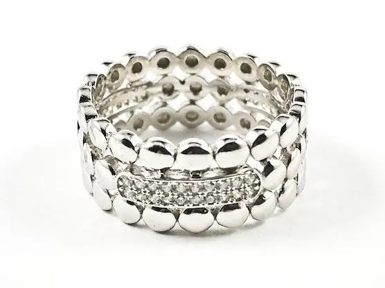 Elegant Textured Round Ball Charm CZ Eternity Silver Band Ring