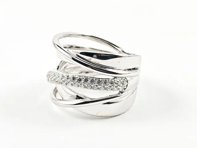 Elegant Unique Twist & Criss Cross Open Pattern CZ Silver Ring