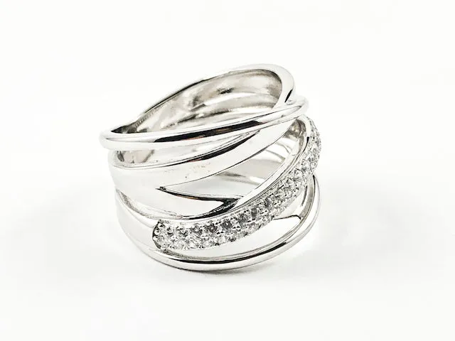 Elegant Unique Twist & Criss Cross Open Pattern CZ Silver Ring