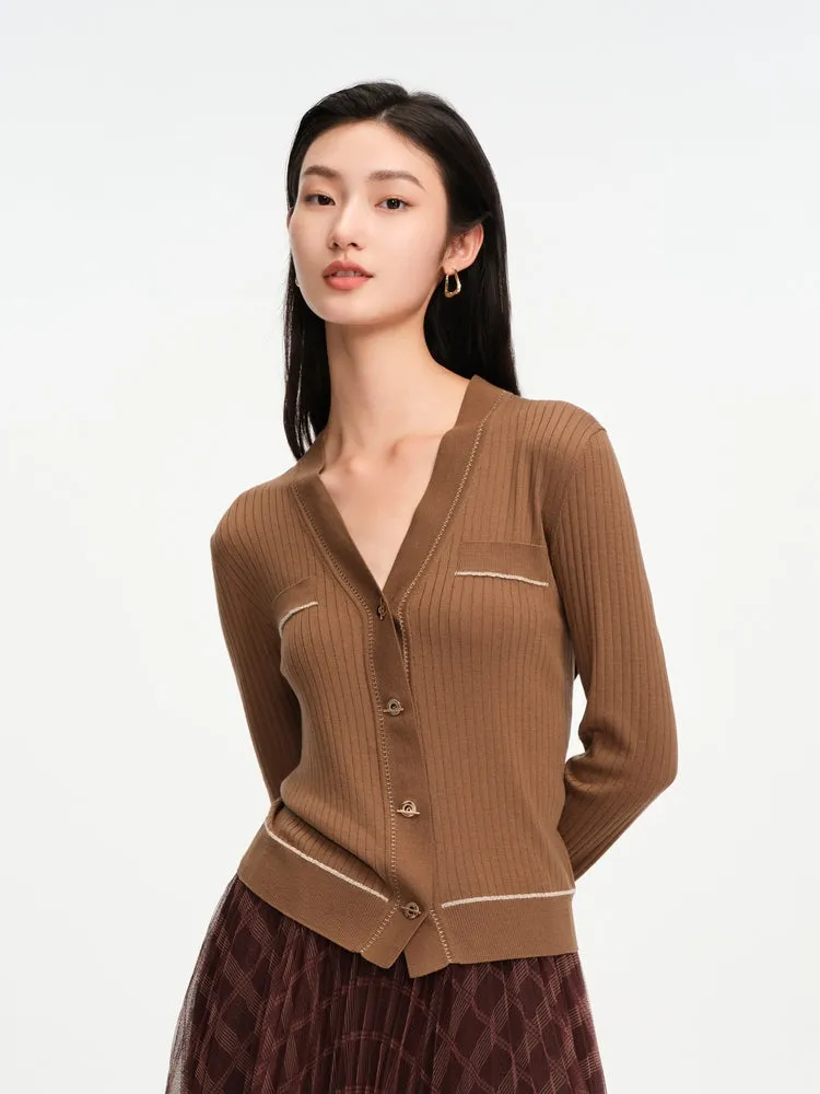 EP YAYING Texture Brown Knit Cardigan