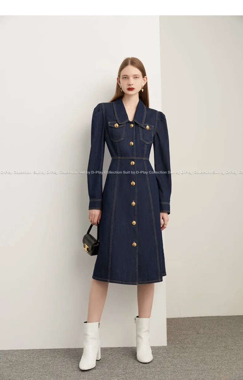 Fall autumn French vintage denim dress blue dress - Saba