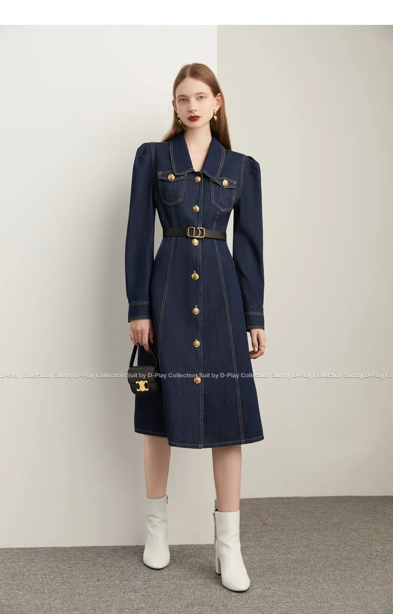 Fall autumn French vintage denim dress blue dress - Saba