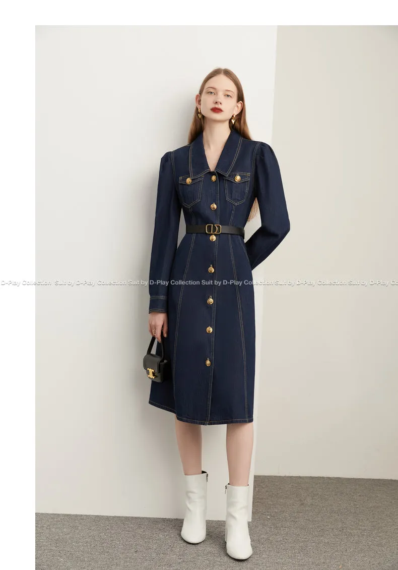 Fall autumn French vintage denim dress blue dress - Saba