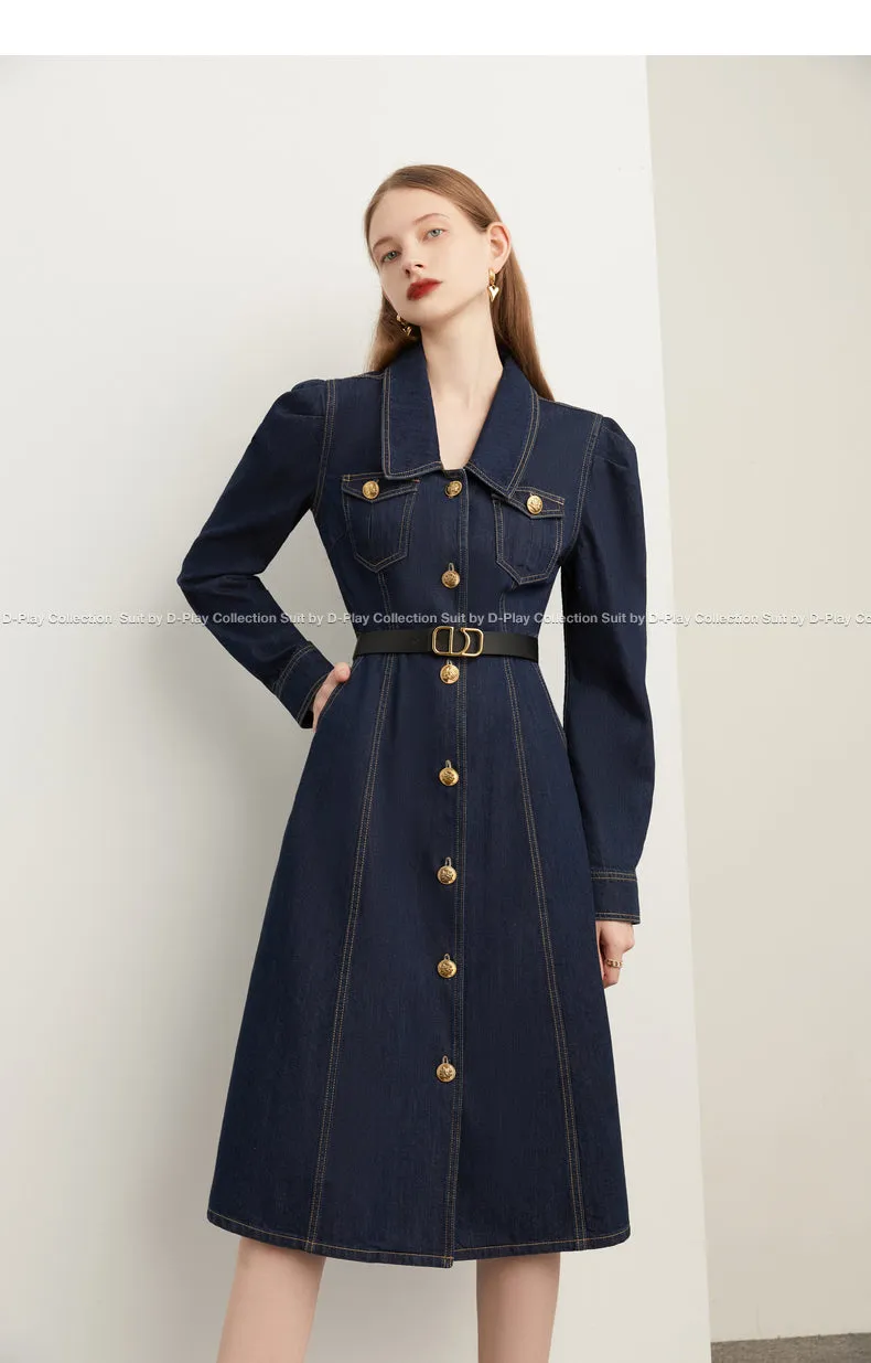 Fall autumn French vintage denim dress blue dress - Saba