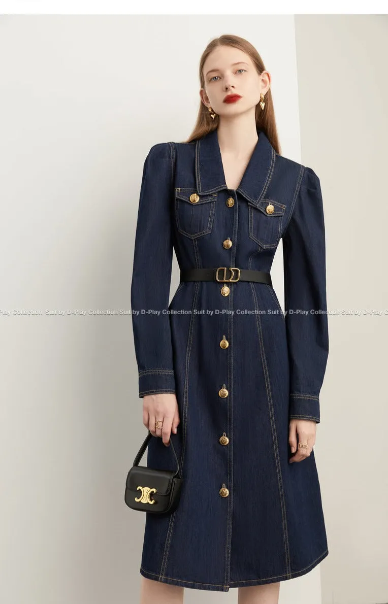 Fall autumn French vintage denim dress blue dress - Saba