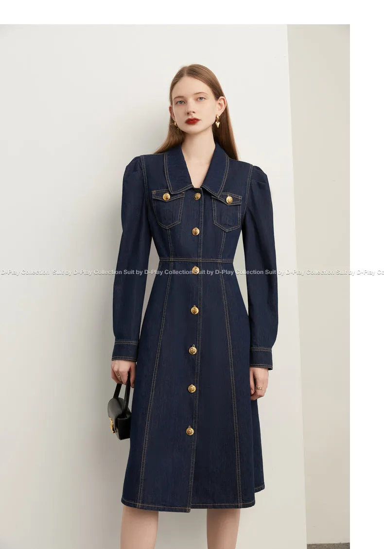 Fall autumn French vintage denim dress blue dress - Saba