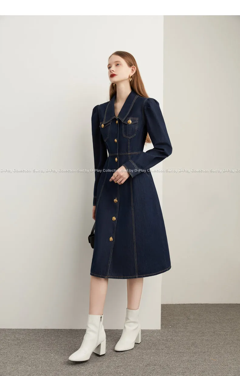 Fall autumn French vintage denim dress blue dress - Saba