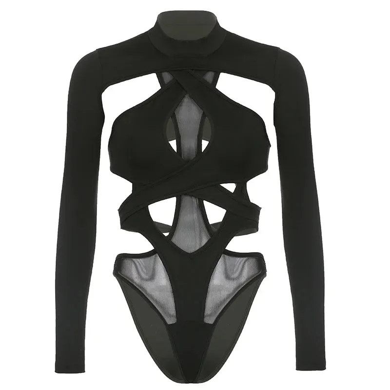 Fashion Skinny Bandage Black Party Bodysuit Women Cut Out Summer Sexy Body Suit Clubwear Lace Up Hot Catsuit Jumpsuit