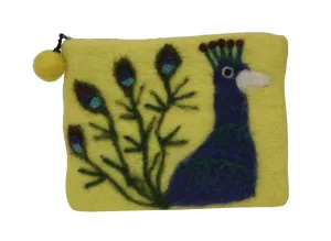 Felt Yellow With White Peacock Printed Coin Purse.