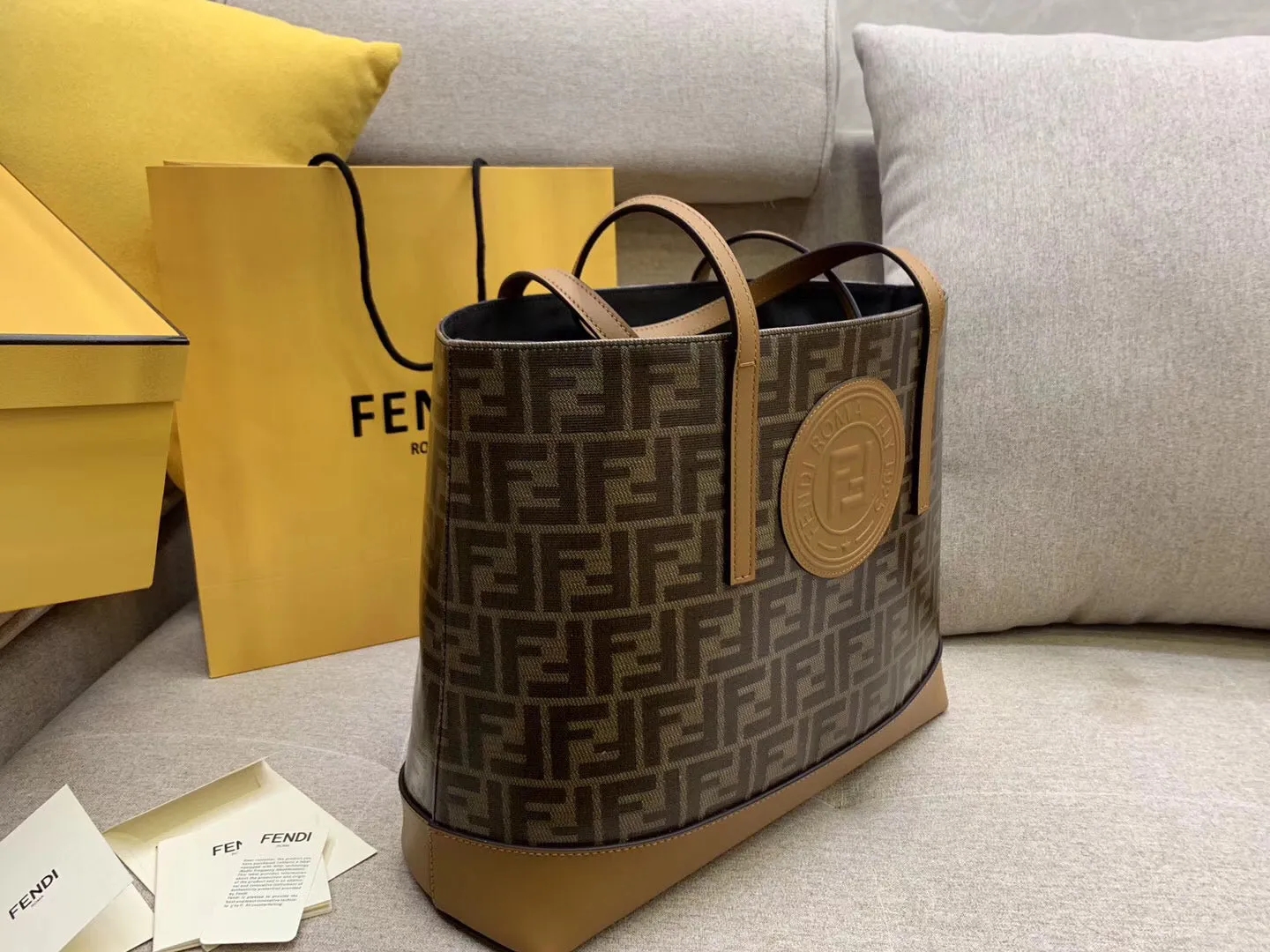 Fendi Logo Shopper Bag In Glazed Fabric With Tan Leather