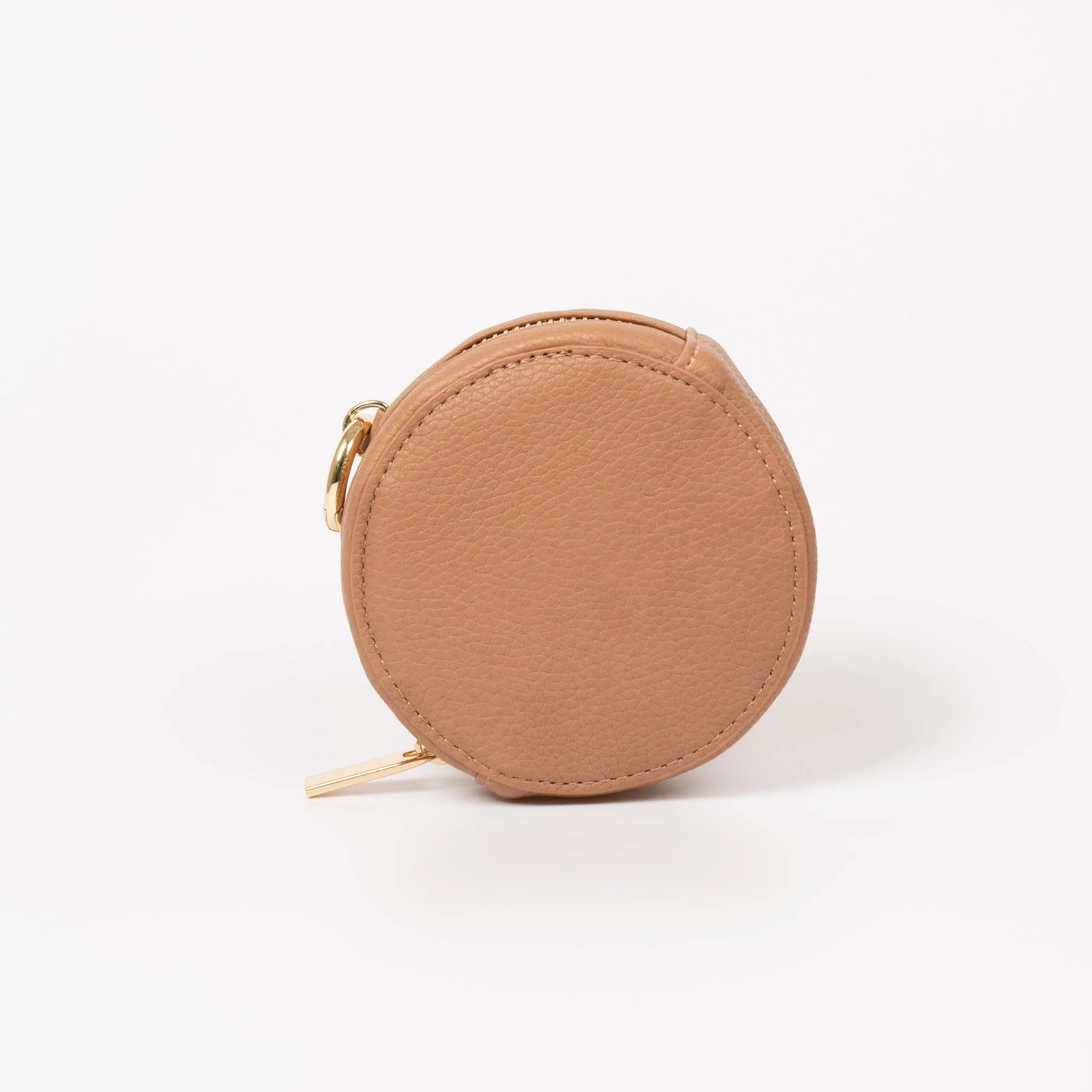 Finley Round Coin Purse - Tan, Pebbled Faux Leather