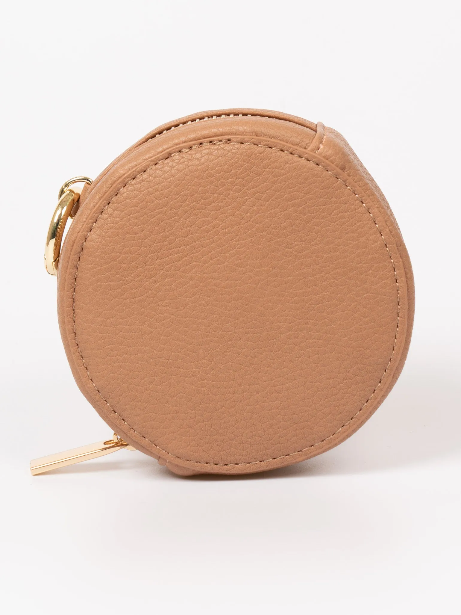 Finley Round Coin Purse - Tan, Pebbled Faux Leather