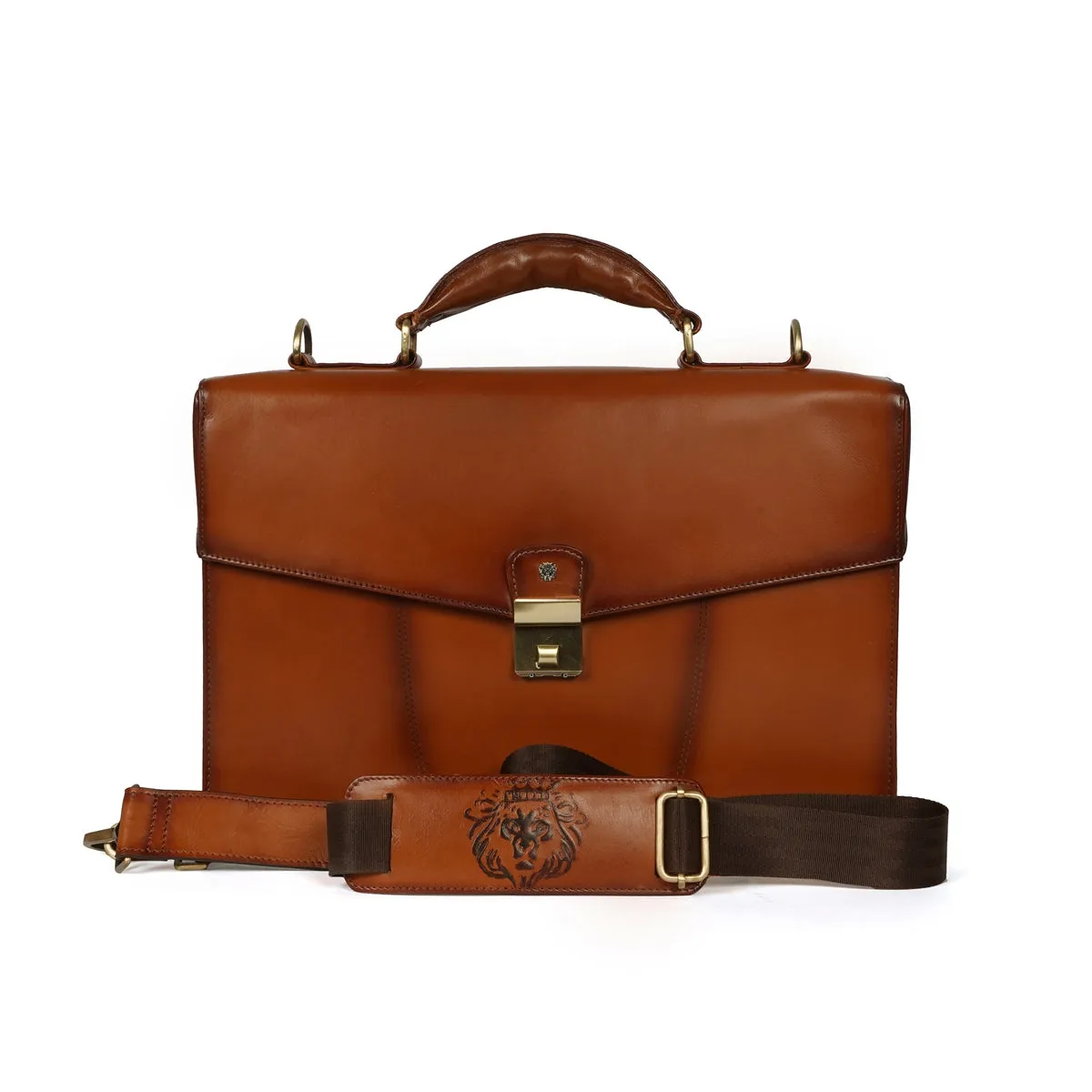 Flap Opening Secured Lock Tan Leather Office Laptop Briefcase With Organizer Compartment by Brune & Bareskin