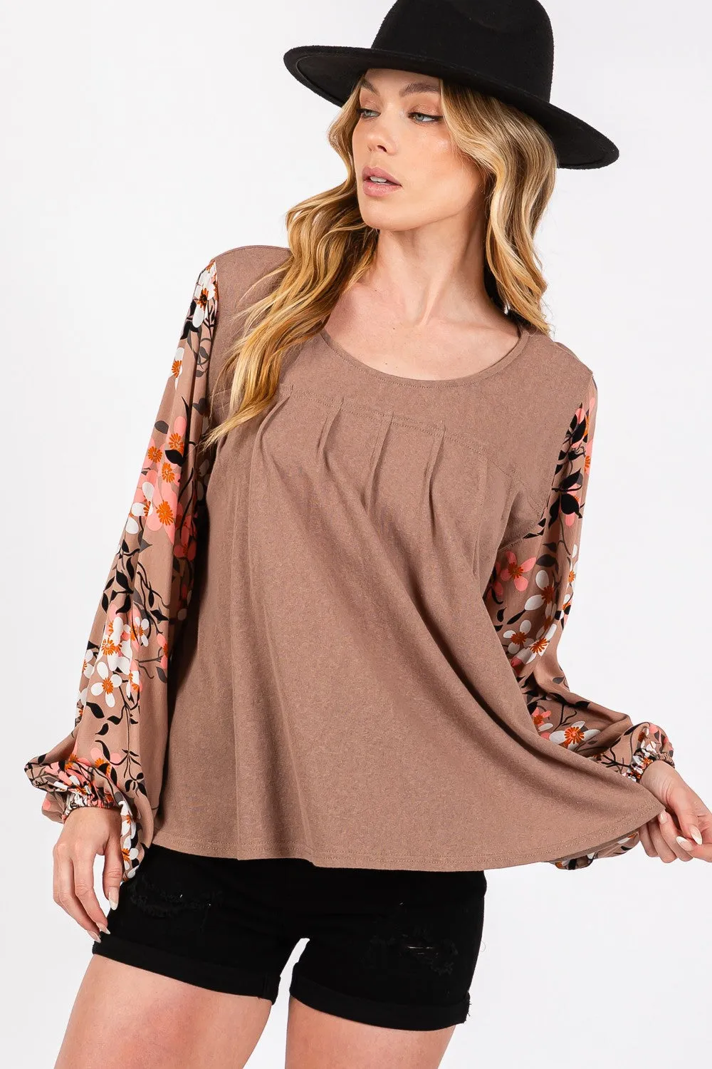 Floral Long Sleeve Front Pleated Detail Blouse