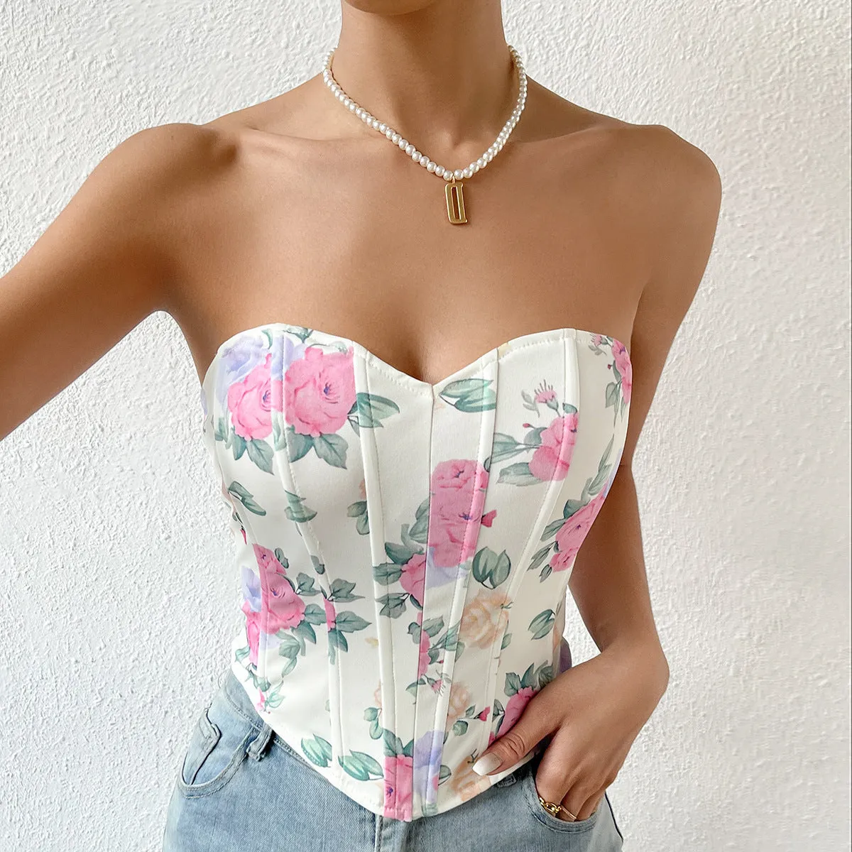 Floral Sweetheart Neck Corset Top