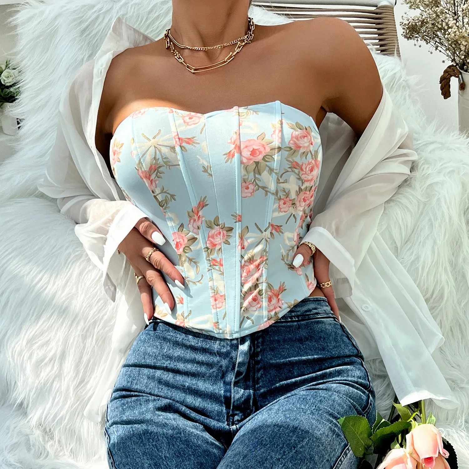 Floral Sweetheart Neck Corset Top