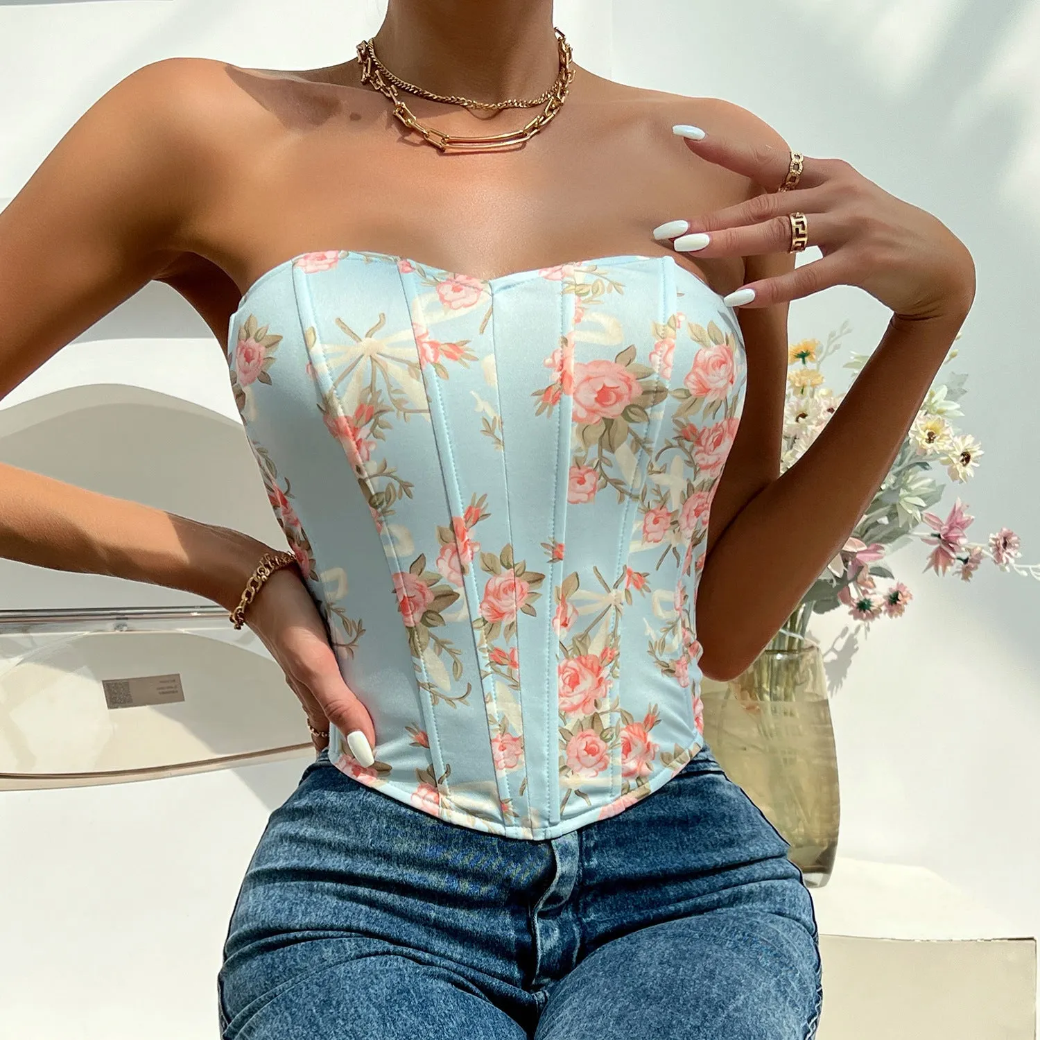 Floral Sweetheart Neck Corset Top