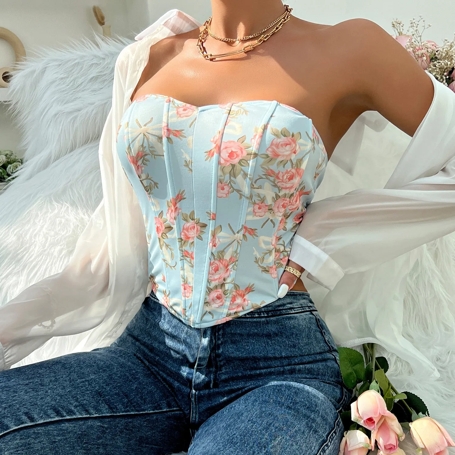 Floral Sweetheart Neck Corset Top