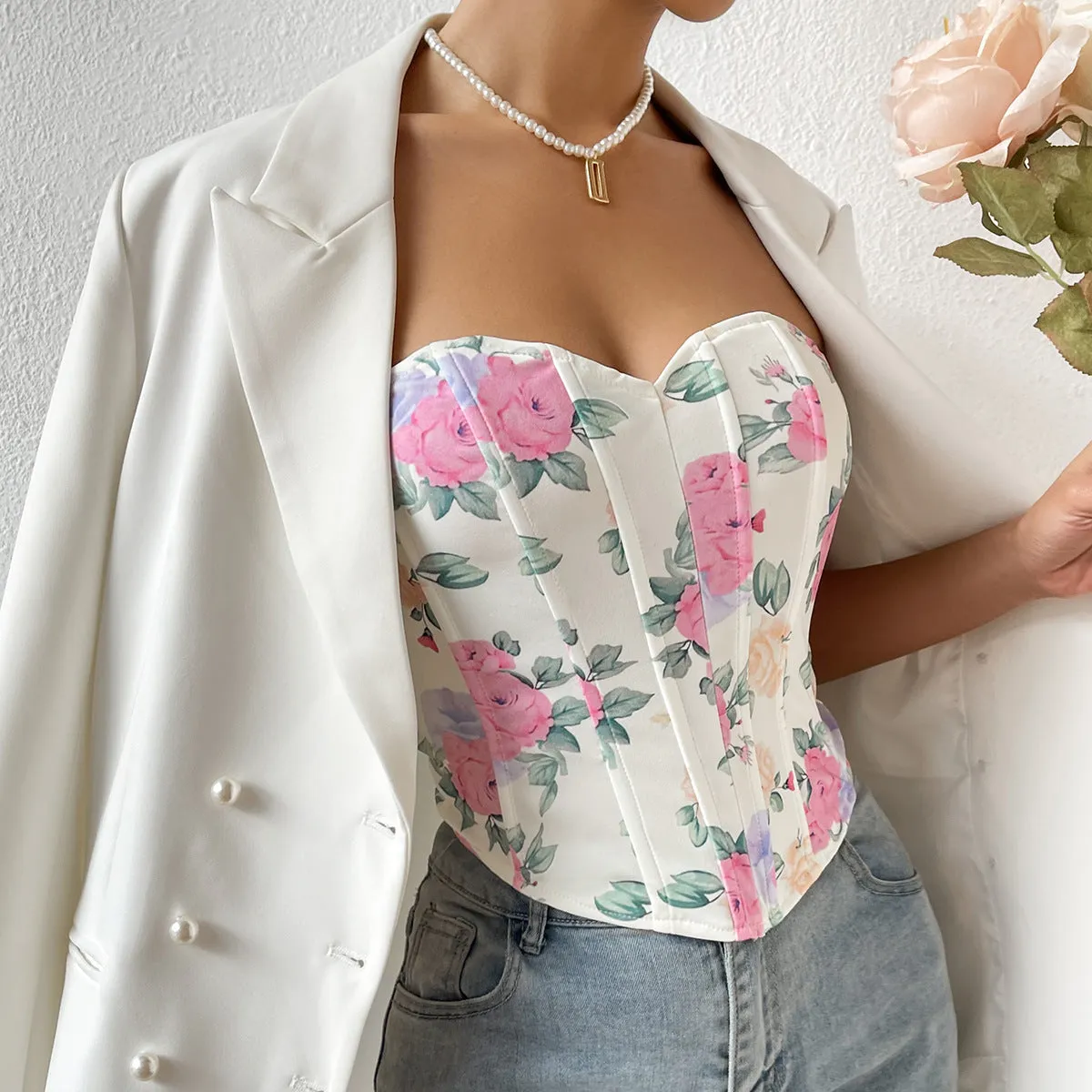 Floral Sweetheart Neck Corset Top