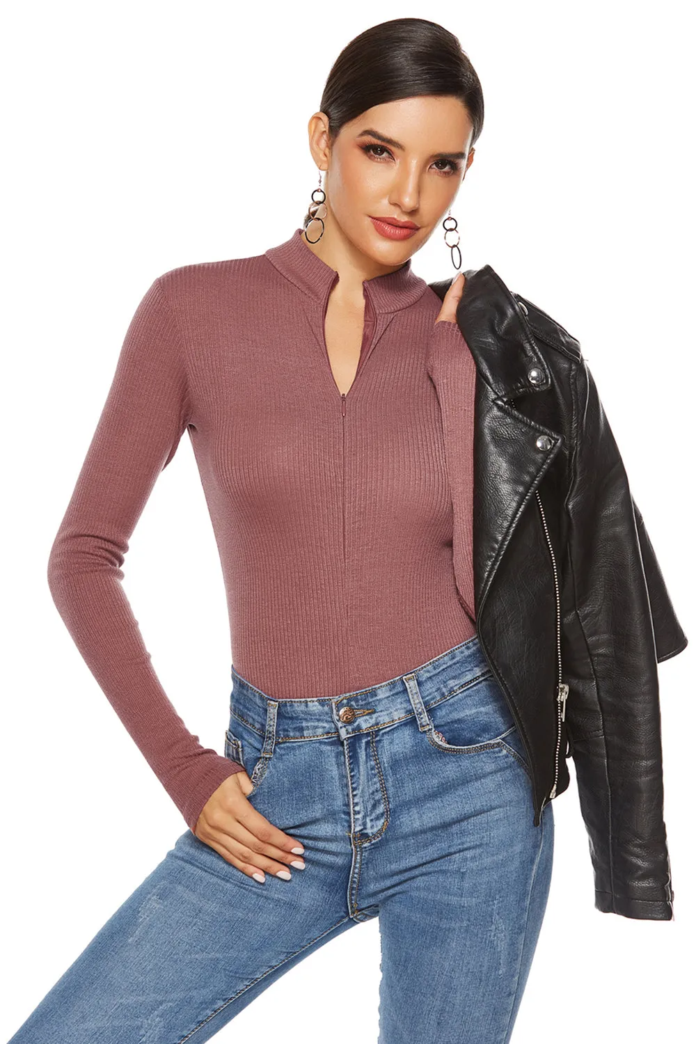 Full Size Ribbed Half Zip Long Sleeve Bodysuit